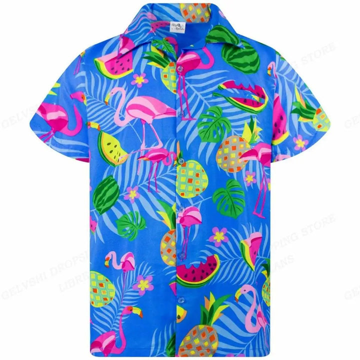 Heren strandshirt: luchtig Hawaii overhemd met gedetailleerde 3D flamingo print.