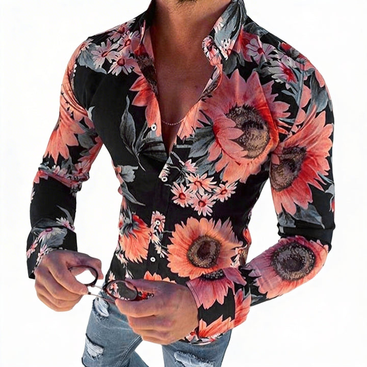 Heren Hawaiihemd: levendige bloemenprint, lange mouwen, reverskraag. Casual zomerhemd voor vakantie & strand.