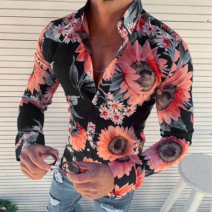 Comfortabel heren Hawaii overhemd: lange mouwen, vrolijke bloemenprint. Casual strandhemd, trendy voor herenmode.