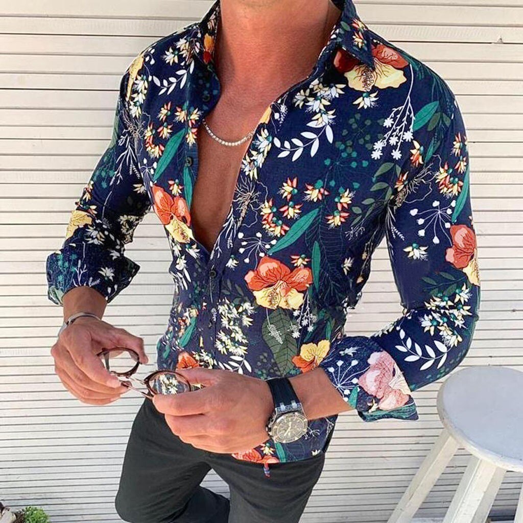Heren zomerhemd: soepel Hawaii overhemd met lange mouwen, kleurrijke bloemenprint. Casual herenmode voor strand.