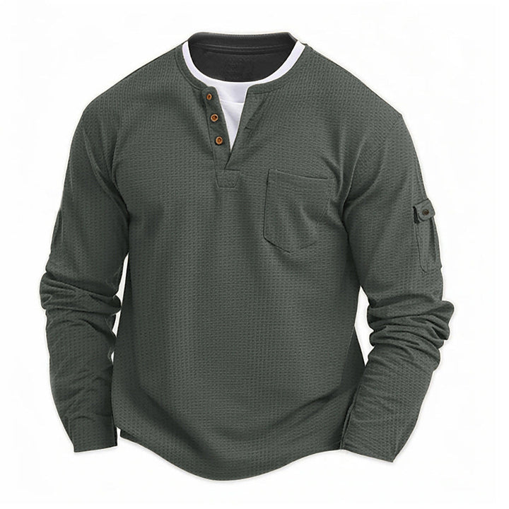 Heren henley shirt met lange mouwen, knoopsluiting en borstzak, perfect voor een casual, comfortabele look.