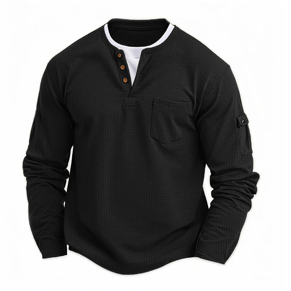 Modern heren henley shirt met lange mouwen, knoopsluiting en borstzak, stijlvol voor dagelijks casual gebruik.