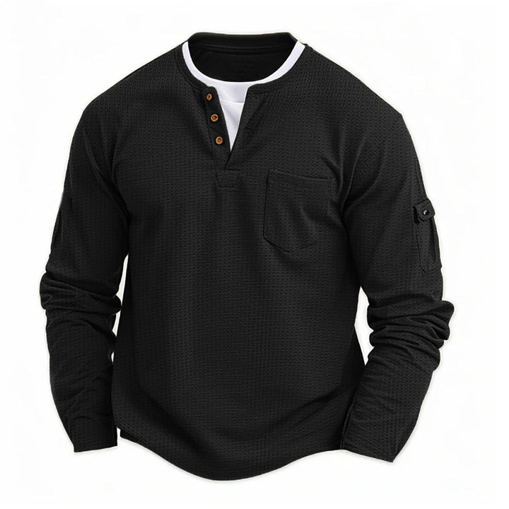 Modern heren henley shirt met lange mouwen, knoopsluiting en borstzak, stijlvol voor dagelijks casual gebruik.