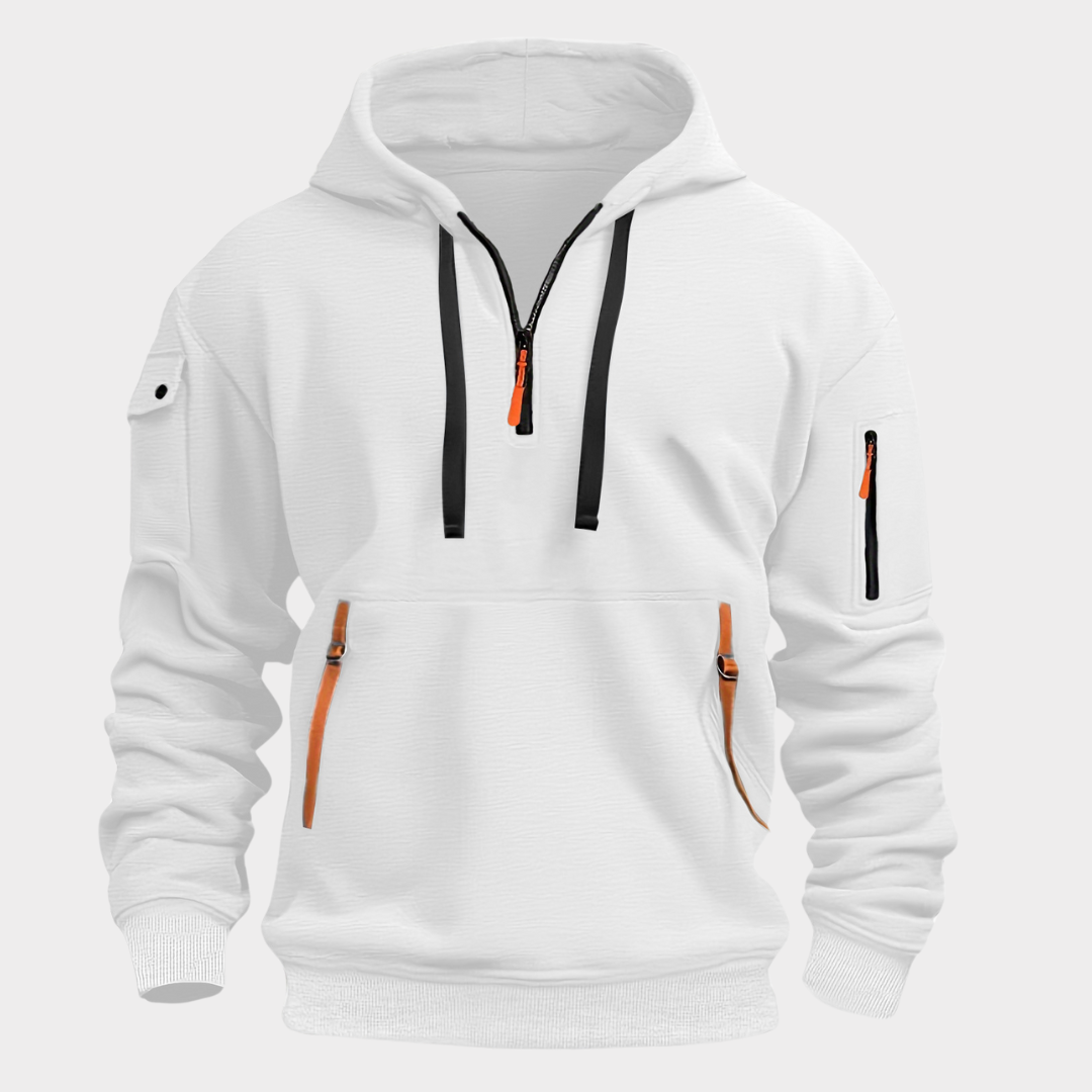 Man draagt comfortabele heren hoodie, ideaal voor casual look, moderne en relaxte stijl.