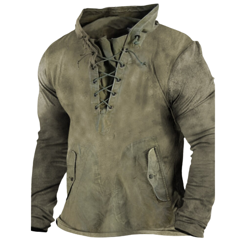 Heren hoodie met vetersluiting in stoere vintage stijl. Comfortabele mannenmode voor herfst en lente.