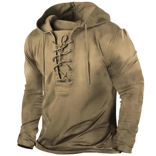 Unieke heren hoodie met decoratieve vetersluiting. Casual kleding in vintage stijl met lange mouwen.