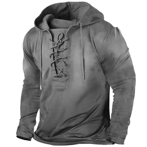 Trendy heren hoodie met stoere vetersluiting. Vintage stijl met comfortabele pasvorm, perfect voor herfst/lente.