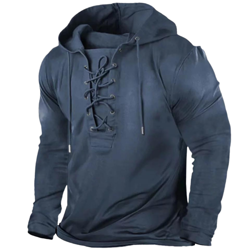 Robuuste heren hoodie, vintage look met vetersluiting. Lange mouwen voor casual of unieke mannenmode.