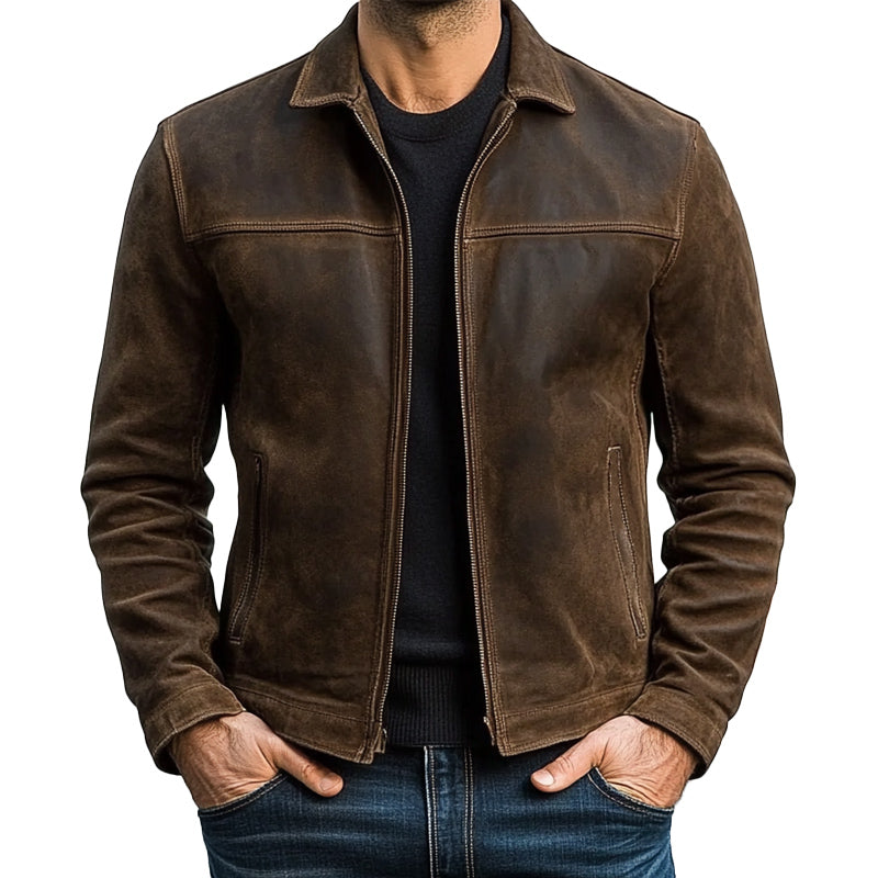 Heren jack met rits en omgeslagen kraag, stoer en tijdloos. Modieuze bovenkleding voor herfst en winter.