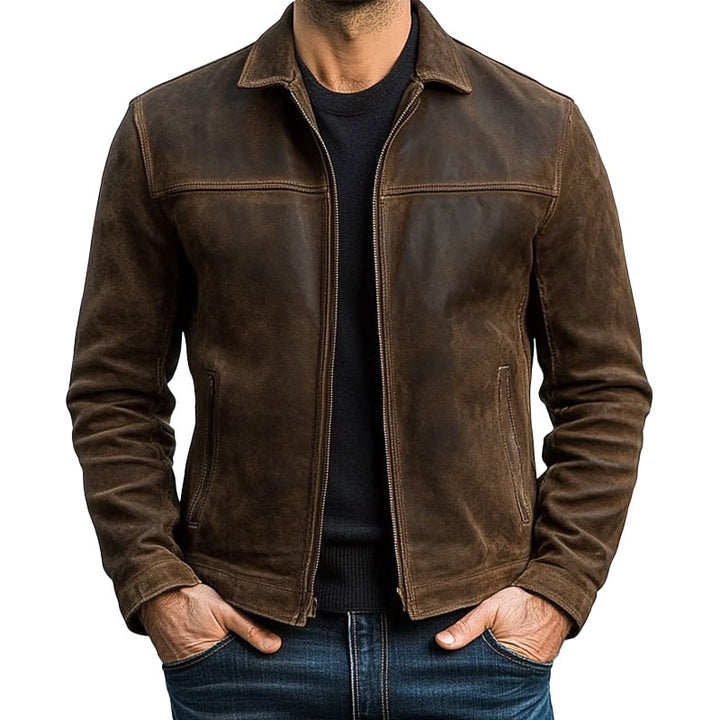 Heren jack met rits en omgeslagen kraag, stoer en tijdloos. Modieuze bovenkleding voor herfst en winter.