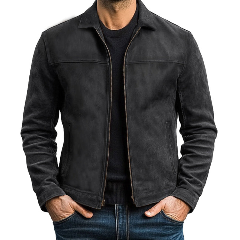 Legergroen heren rits jack met stoere omgeslagen kraag. Casual herfst jas, slanke pasvorm, trendy voor mannen.