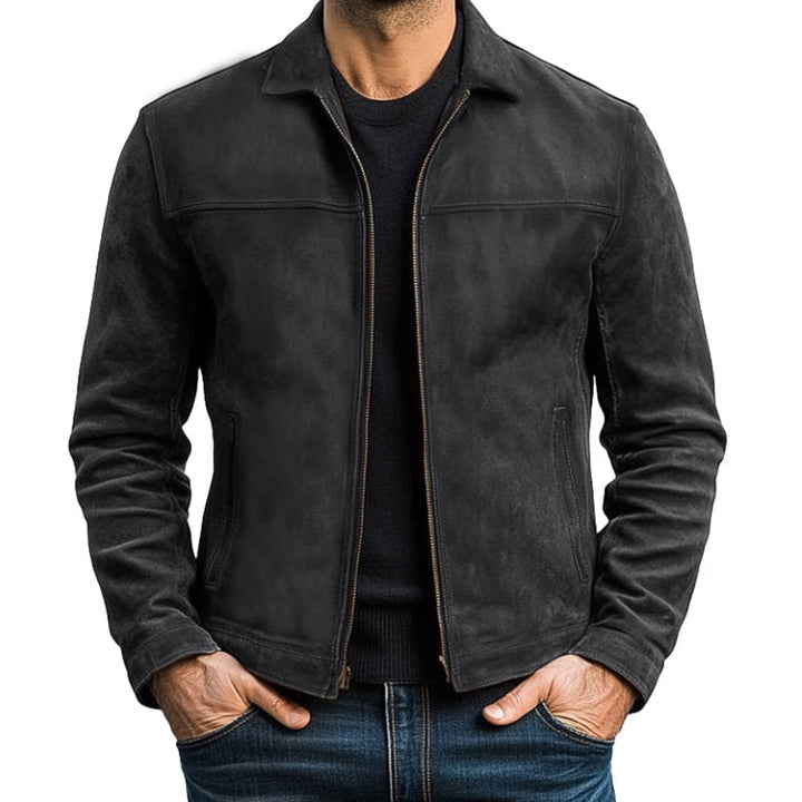 Legergroen heren rits jack met stoere omgeslagen kraag. Casual herfst jas, slanke pasvorm, trendy voor mannen.