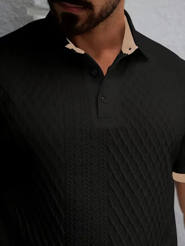 Veelzijdige heren jacquard polo, regular fit, met V-hals voor zowel casual als smart casual.