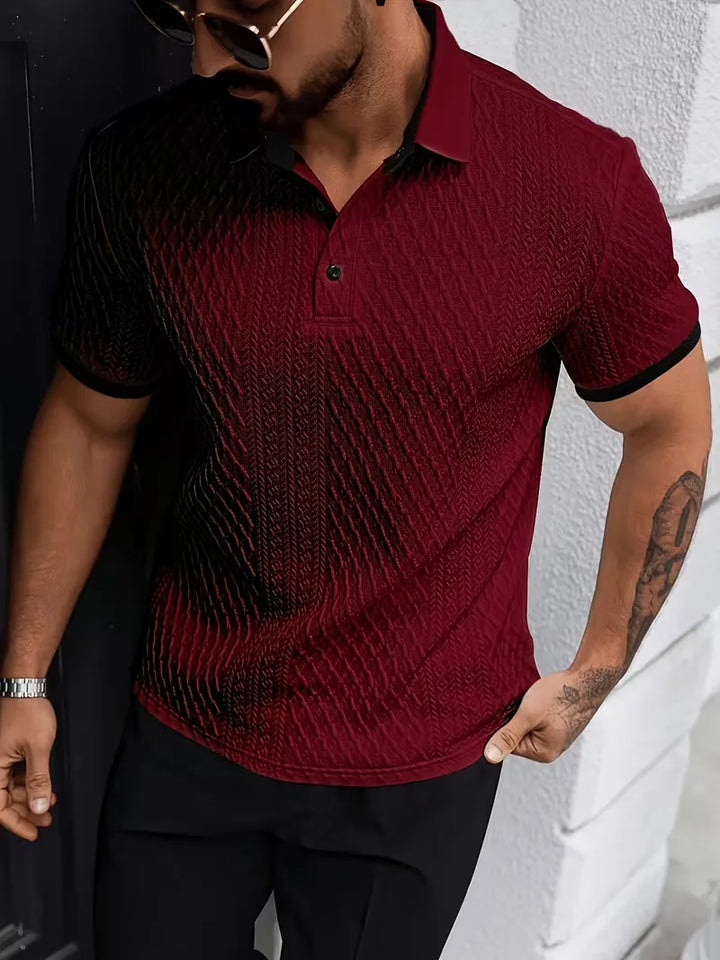 Comfortabele heren jacquard polo met korte mouwen en een moderne V-hals snit.