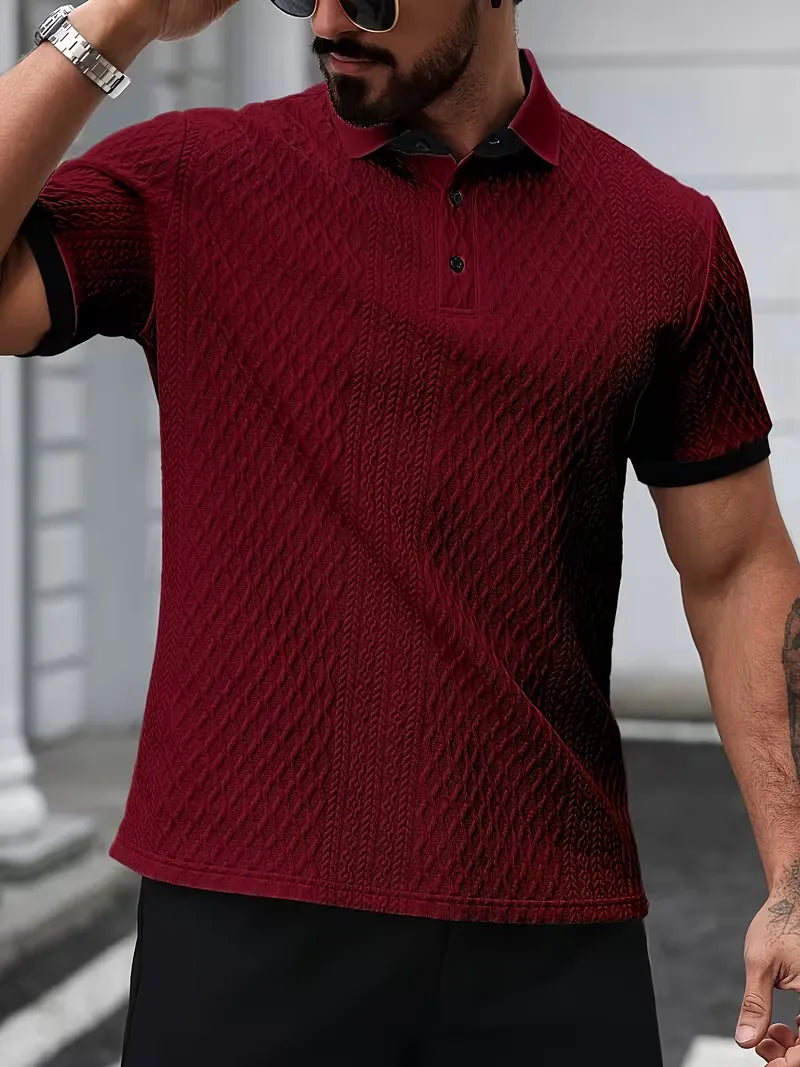 Heren jacquard poloshirt, smart casual, met V-hals en korte mouwen voor een relaxte uitstraling.
