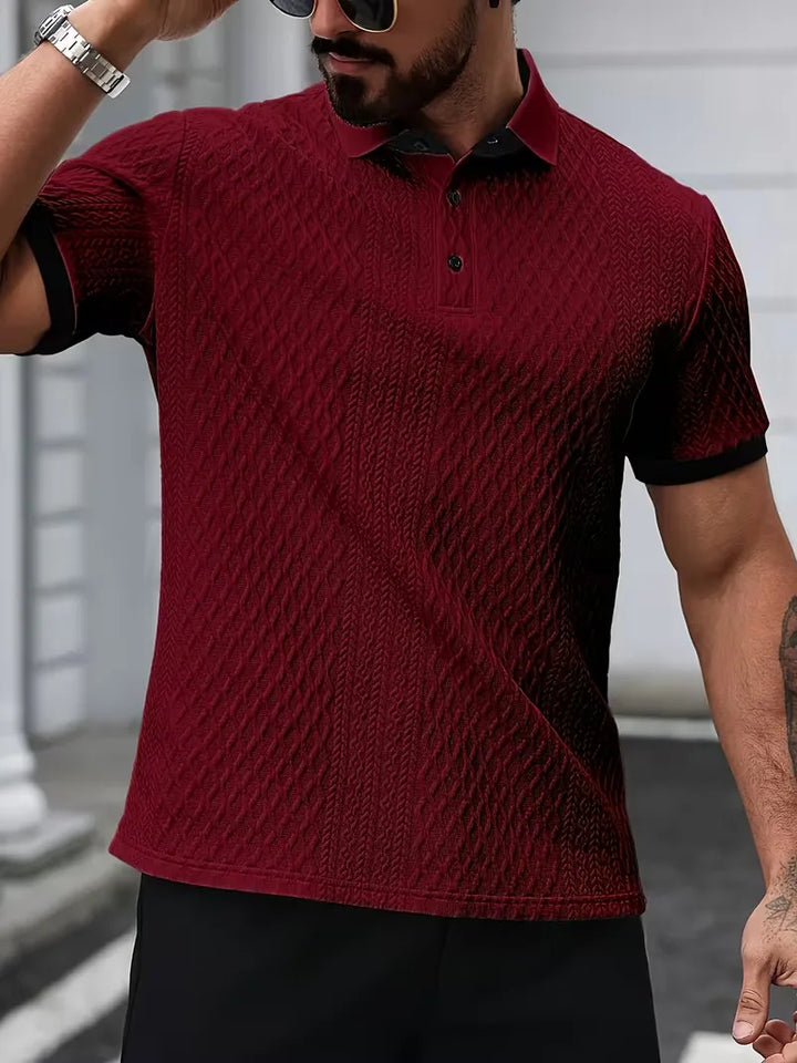 Heren jacquard poloshirt, smart casual, met V-hals en korte mouwen voor een relaxte uitstraling.