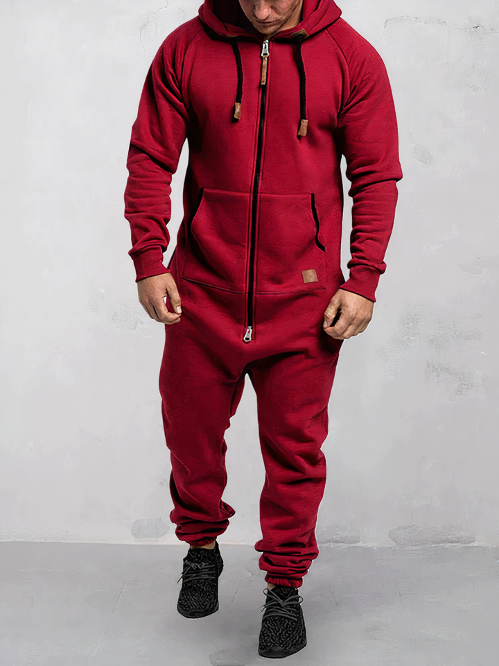 "Heren jumpsuit met capuchon in zachte fleece, stijlvolle look, donkergrijs, comfortabele pasvorm voor dagelijks gebruik."