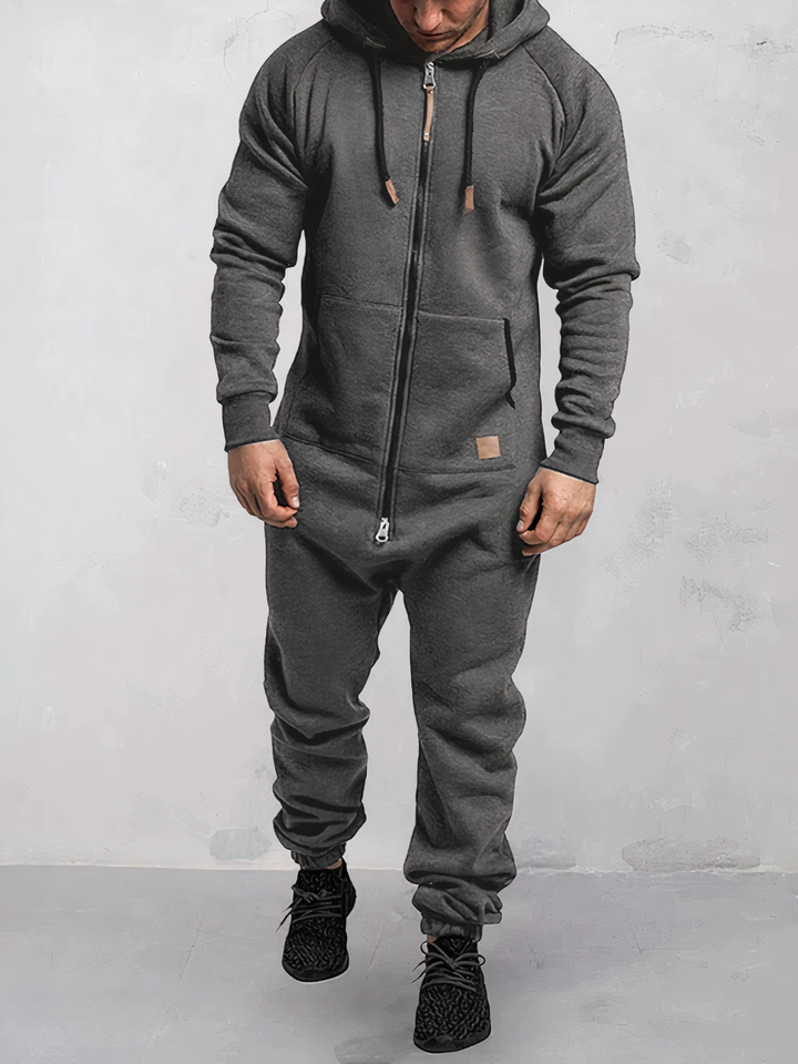 "Heren jumpsuit met capuchon in zachte fleece, stijlvolle look, donkergrijs, comfortabele pasvorm voor dagelijks gebruik."