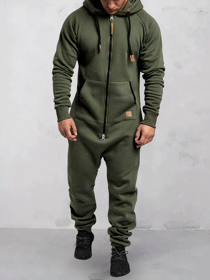 "Heren jumpsuit met capuchon in zachte fleece, stijlvolle look, donkergrijs, comfortabele pasvorm voor dagelijks gebruik."