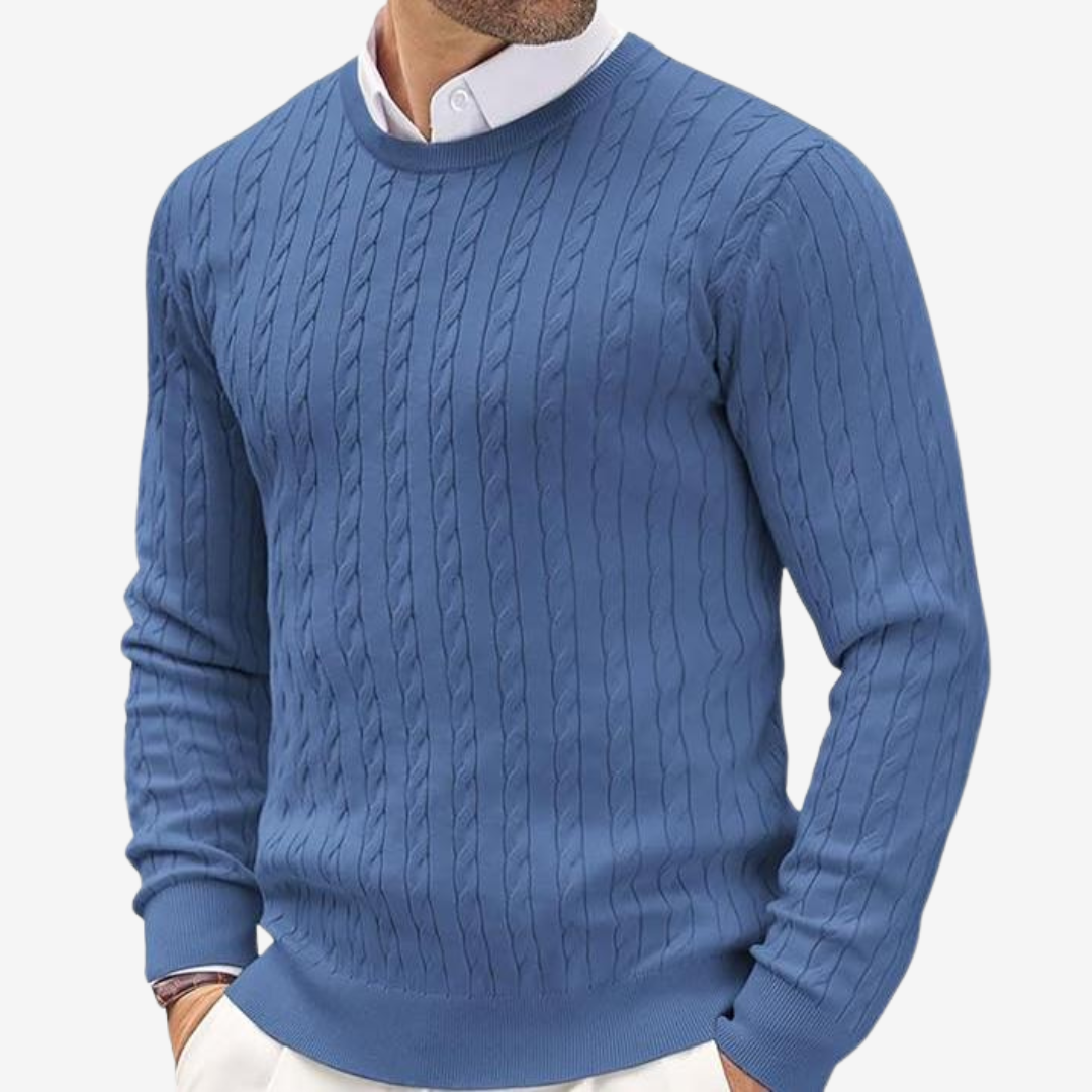 Stijlvolle heren kabelgebreide trui, perfect voor een casual of semi-formele look in de winter.
