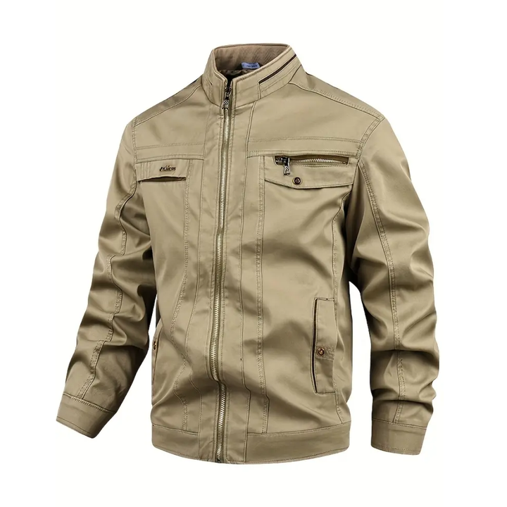 "Heren Katoenen Herfst Jas, winddicht, casual, effen kleur, opstaande kraag, rits- en knoopsluiting, outdoor gebruik."