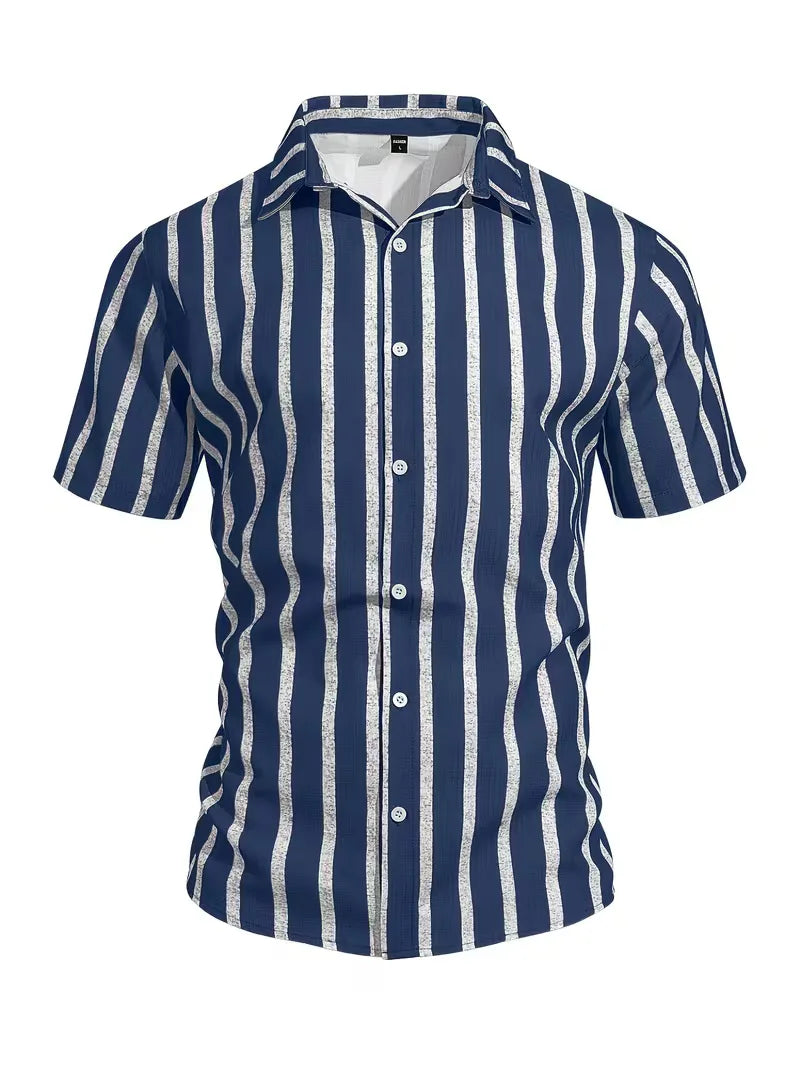 Trendy heren korte mouw overhemd met verticale strepen, casual en comfortabel voor de zomer.