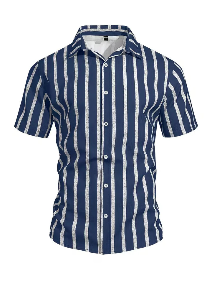 Trendy heren korte mouw overhemd met verticale strepen, casual en comfortabel voor de zomer.