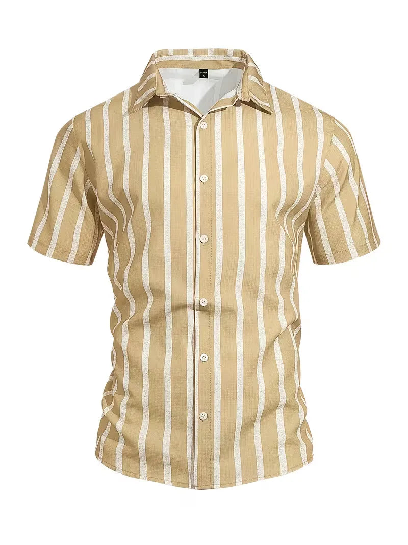 Modevol heren overhemd met verticale strepen, korte mouw, V-hals, voor een frisse en moderne look.
