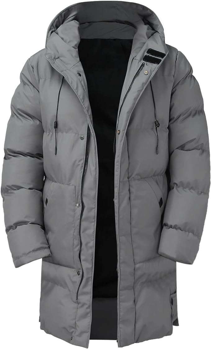 Stijlvolle herenmode: lange dikke winterjas in modern design, geschikt voor elke man.