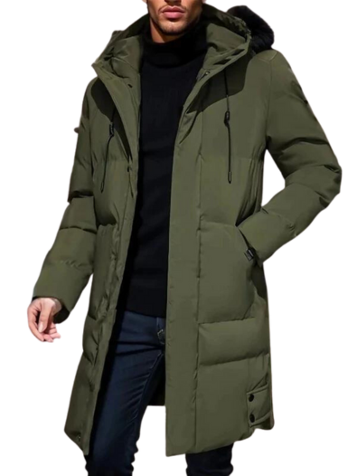 Dikke gewatteerde heren winterjas, lange pasvorm voor extra warmte en comfort in winterkleding.