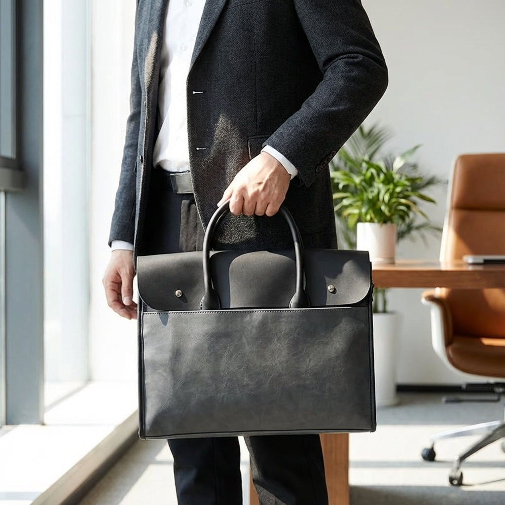 Heren laptoptas 14 inch bruin PU leer, retro stijl zakelijke schoudertas voor georganiseerd werk.