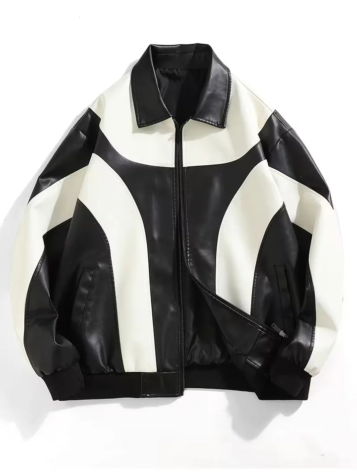 Heren leren color block jas, trendy streetwear look, comfortabel voor herfst/winter.