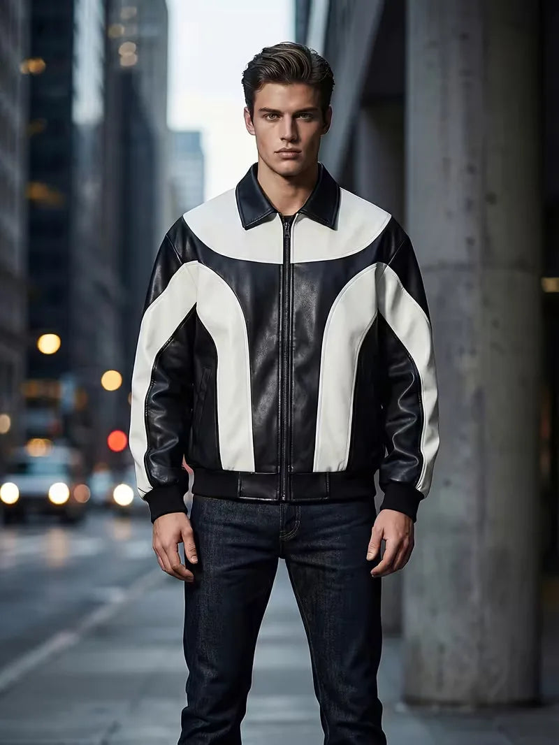 Casual heren leren jas met kleurblok design, regular fit. Perfecte herenkleding voor streetwear.
