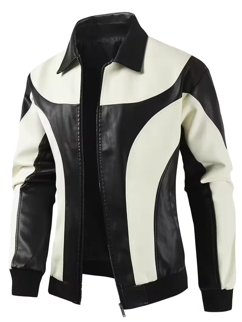 Modieuze heren color block leren jas voor herfst en winter. Trendy bovenkleding voor mannen.