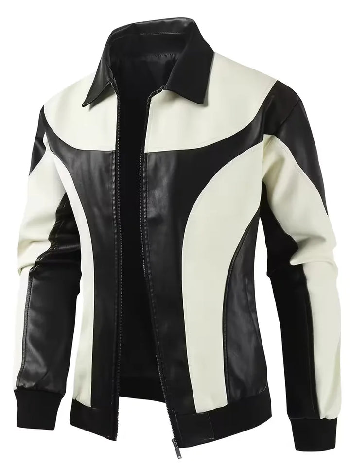 Modieuze heren color block leren jas voor herfst en winter. Trendy bovenkleding voor mannen.