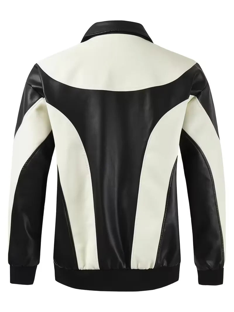 Comfortabele leren color block herenjas, modern en stijlvol. Ideaal herfstjack.