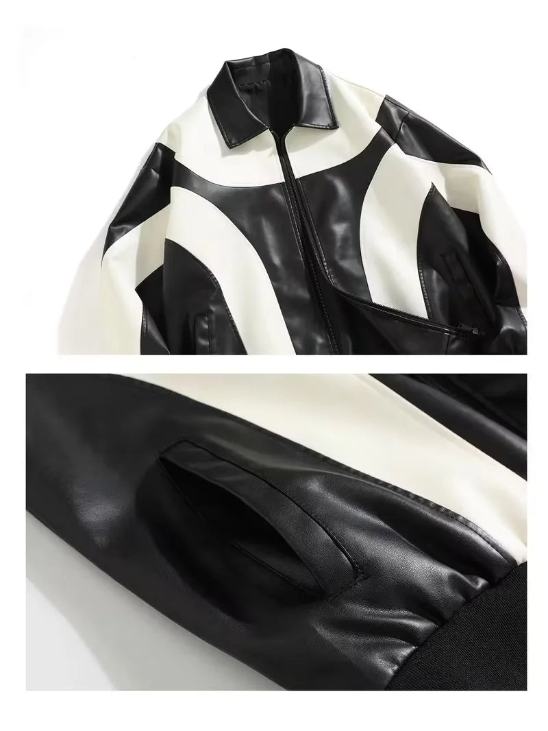 Winterse heren leren color block jas, streetwear stijl, warm en comfortabel. Trendy herenkleding.