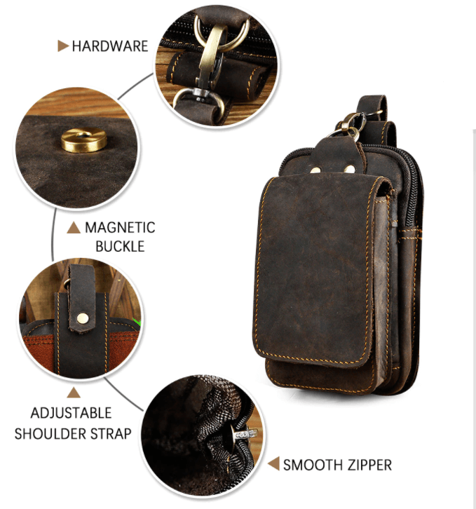 Praktische heren heuptas van bruin leer. Perfecte organizer voor telefoon, sleutels en portemonnee.