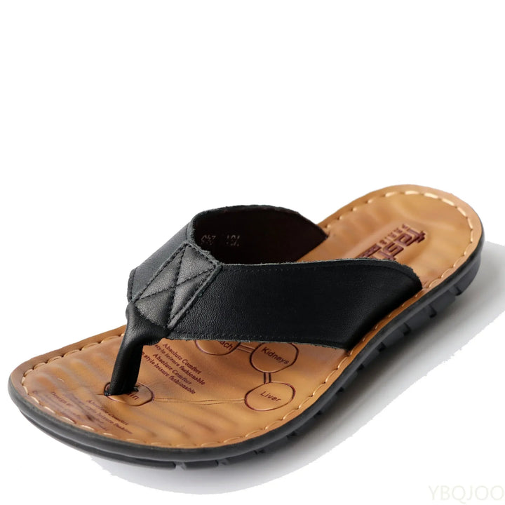 Moderne herenslippers van leer in camelkleur, comfortabel en stijlvol voor de zomer en strand.