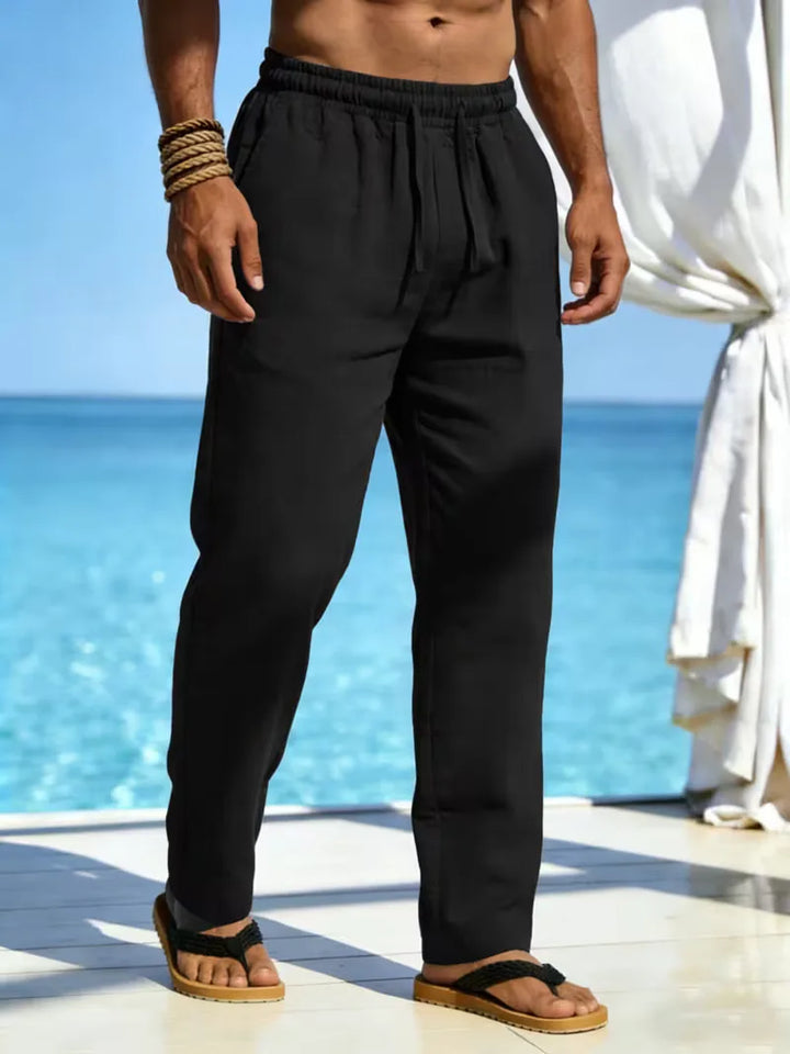 Heren linnen chino met elastische taille, perfect voor zomer en strand, casual en comfortabel.