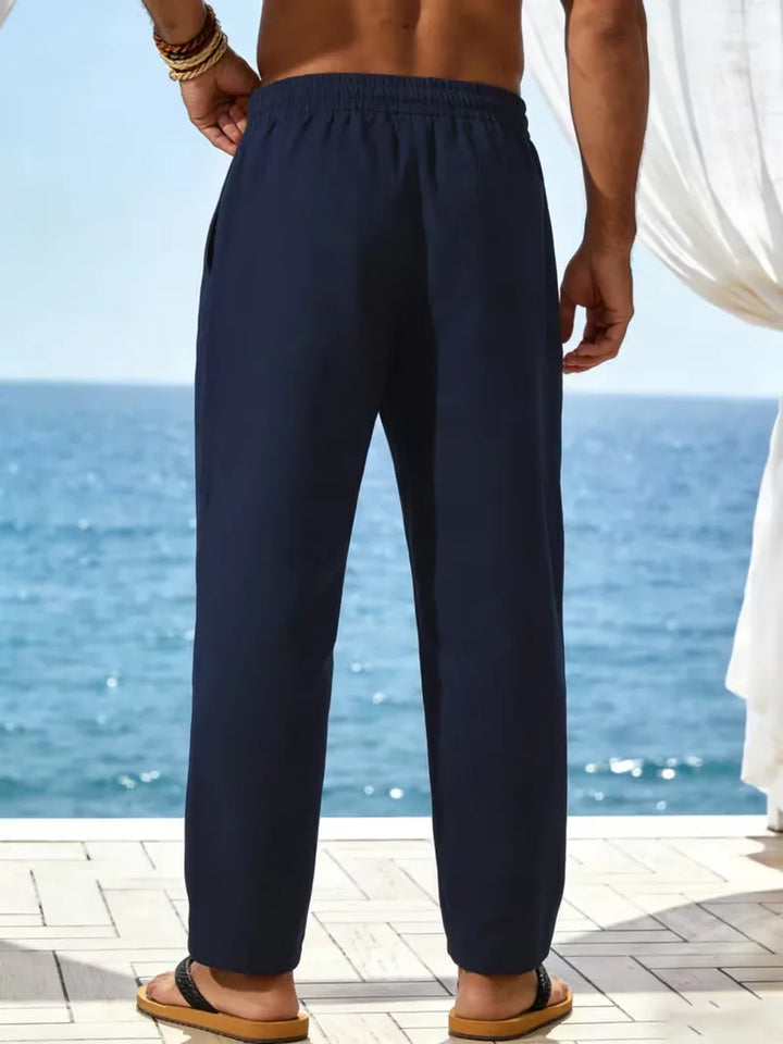 Heren casual linnen broek, comfortabele chino met elastische taille, perfect voor strand en vrije tijd.
