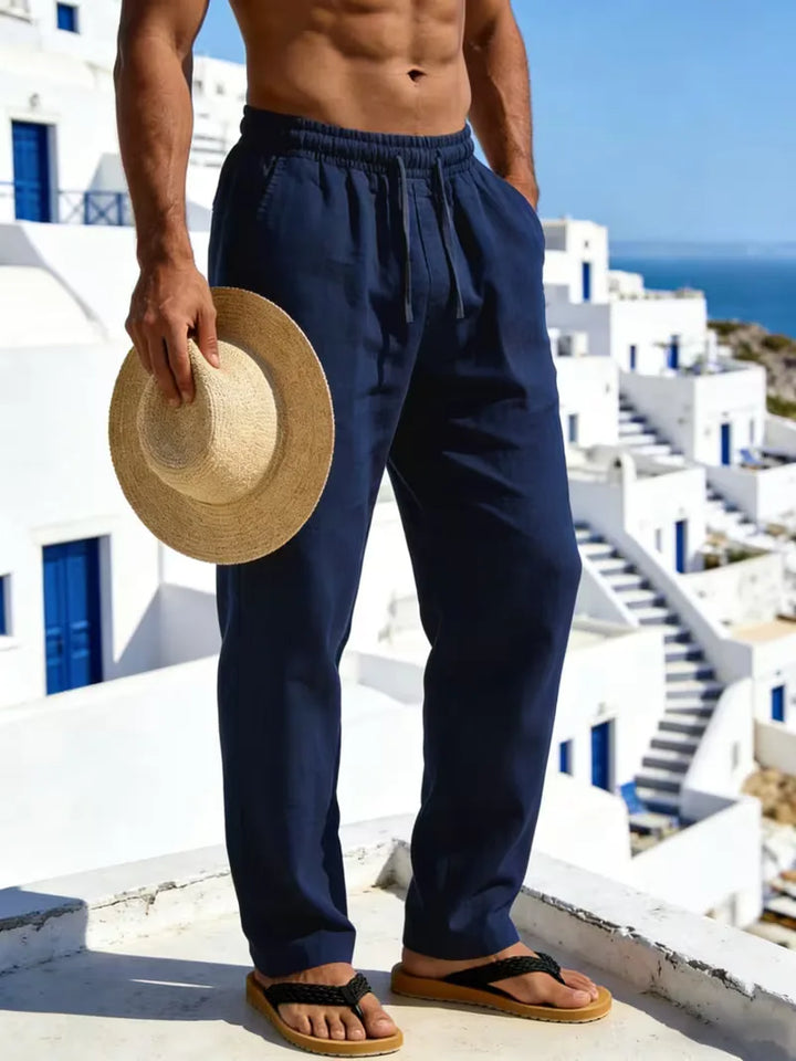 Chique linnen heren chino met elastische taille, rechte pijp, geschikt voor zowel casual als gekleed.
