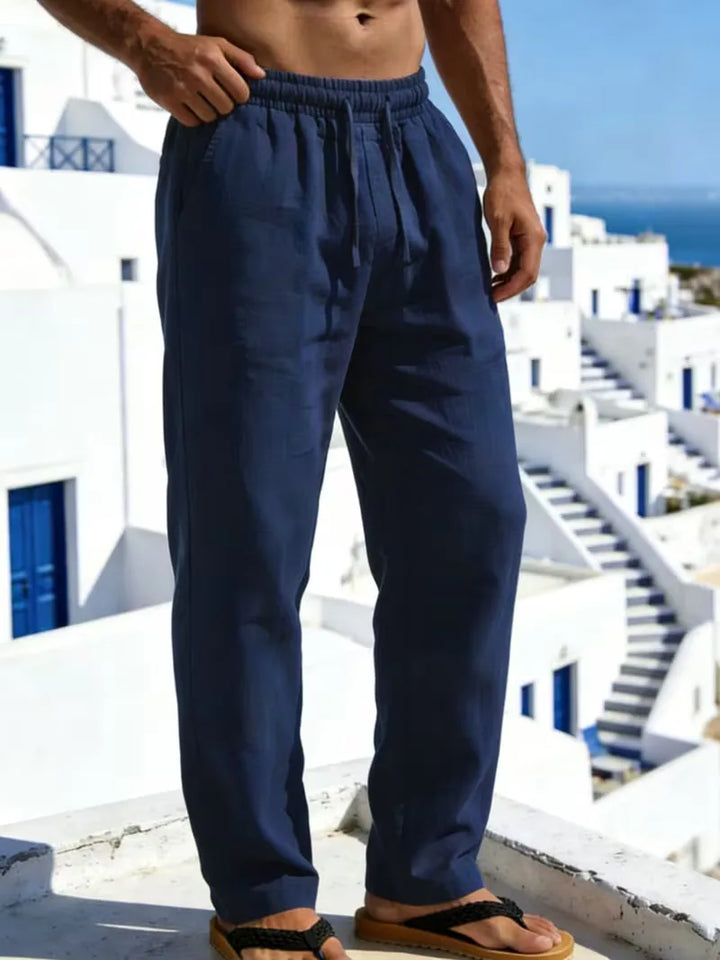 Strandklare heren chino: linnen, elastische taille, rechte pijp, comfortabel en stijlvol.