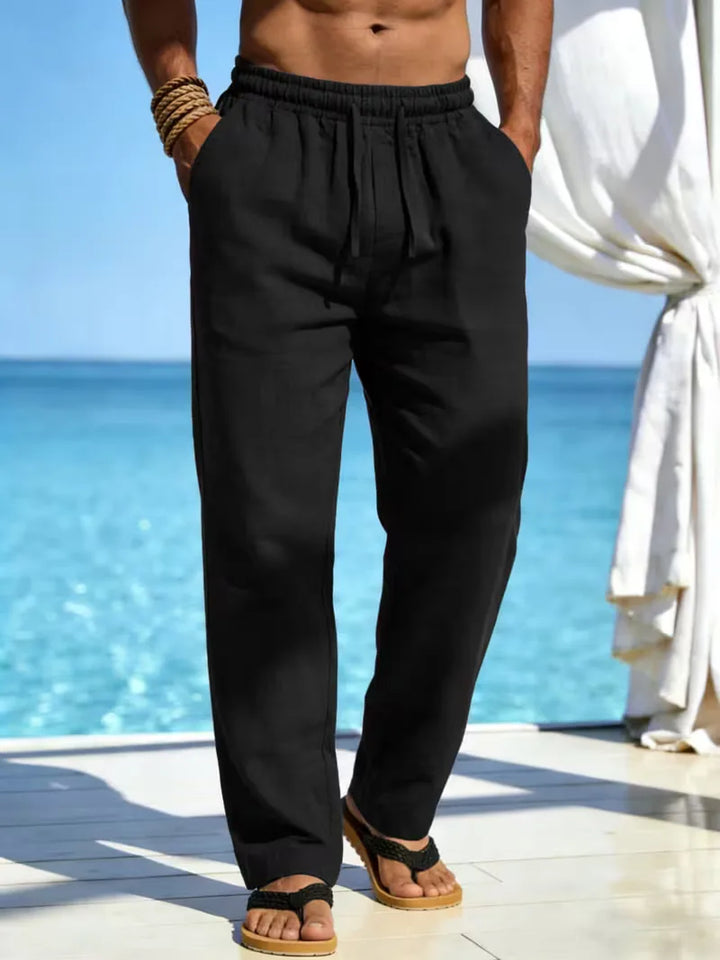 Comfortabele heren chino van linnen met rechte pijp en elastische taille, ideaal voor vakantie.