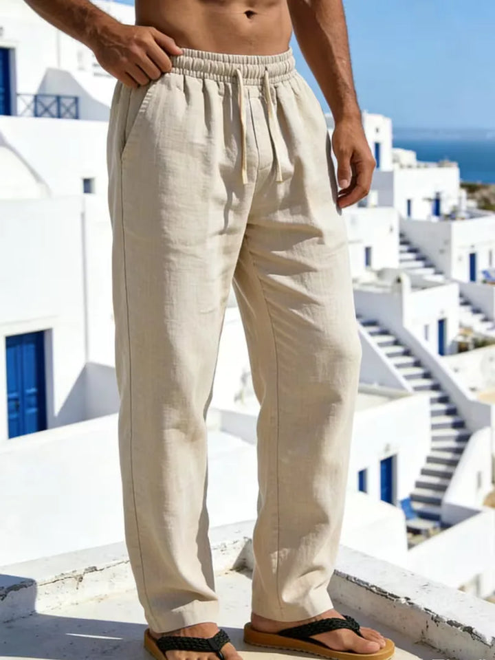 Heren linnen chino, rechte pijp en elastische taille, ideaal voor een moeiteloze zomerstijl.