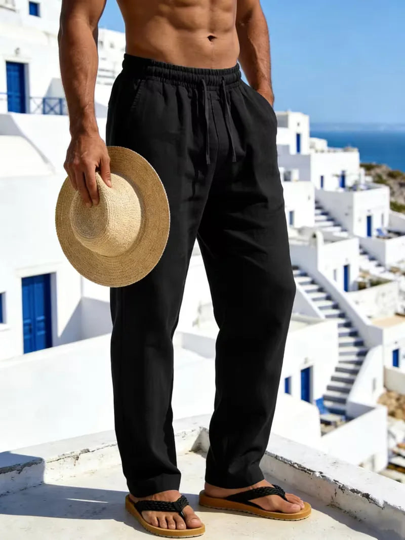 Zomerse heren chino in linnen stof, comfortabel met elastische taille en rechte pijp.