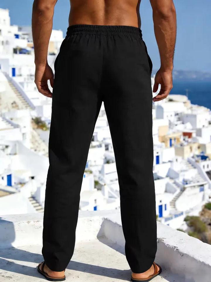 Luchtige heren chino met elastische taille, gemaakt van linnen, ideaal voor warme dagen en vakantie.