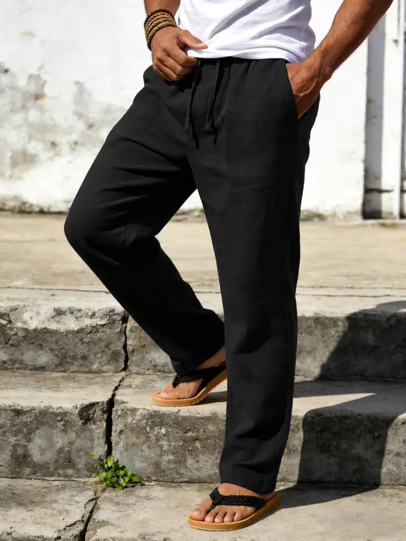 Casual herenbroek: linnen chino met elastische taille, comfortabel en modieus voor zomerse outfits.