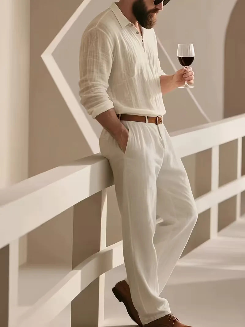 Heren linnen pak met mandarijnkraag, ideaal voor zomerse casual of smart casual gelegenheden.