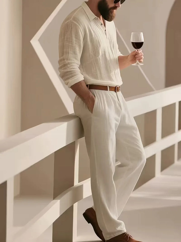 Heren linnen pak met mandarijnkraag, ideaal voor zomerse casual of smart casual gelegenheden.